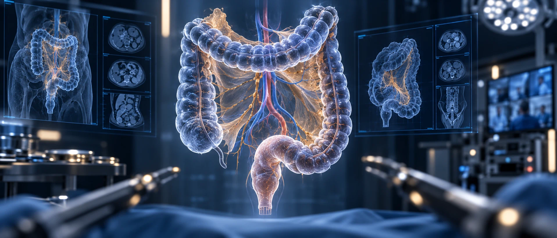 Vista médica editorial del colon y recto con énfasis en planificación quirúrgica oncológica
