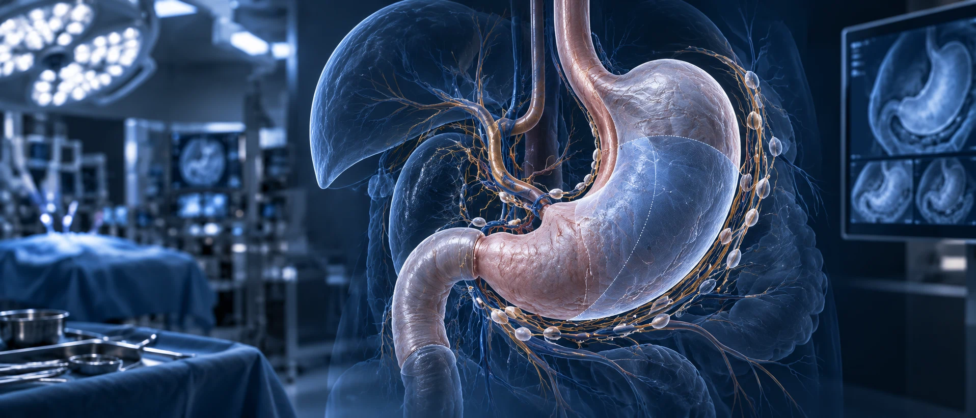 Ilustración médica editorial del estómago y estaciones ganglionares en cirugía oncológica