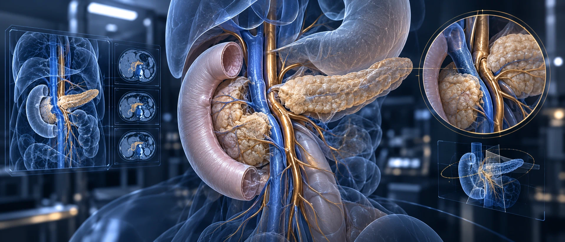 Ilustración médica del páncreas, duodeno y relación con vasos mesentéricos