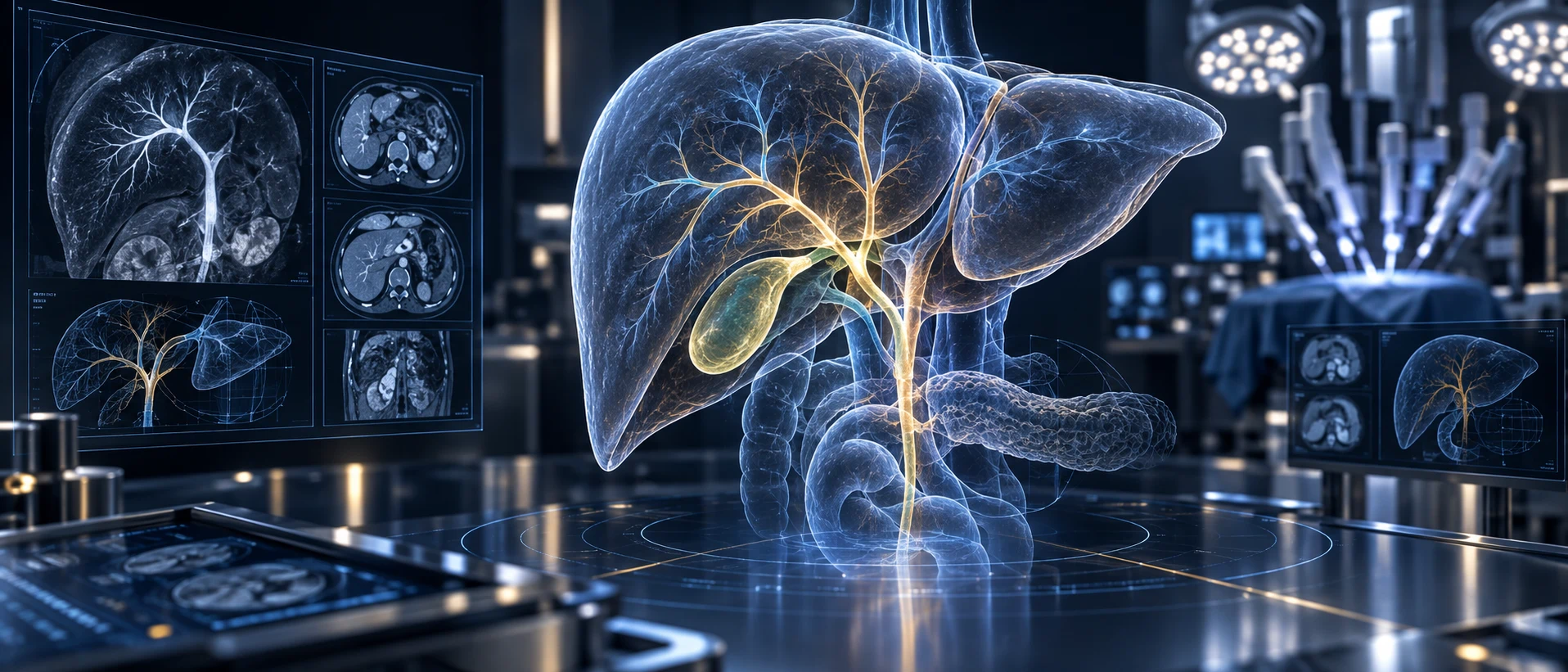 Ilustración médica del hígado, vesícula y árbol biliar para cirugía oncológica